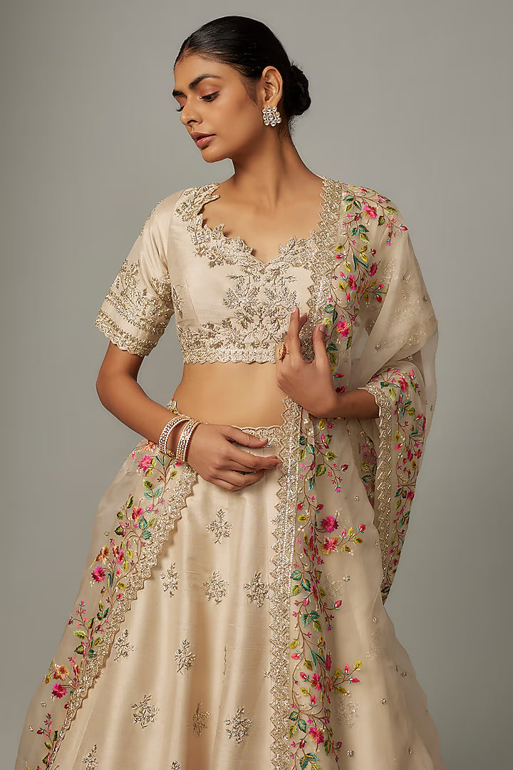 Ivory Raw Silk Zardosi & Thread Embroidered Lehenga Set