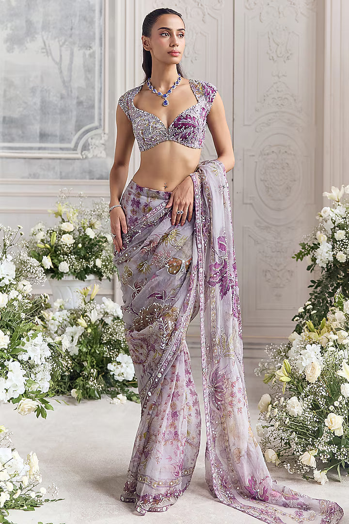 Lilac Silk Organza Embroidered & Printed Pre-Draped Saree Set