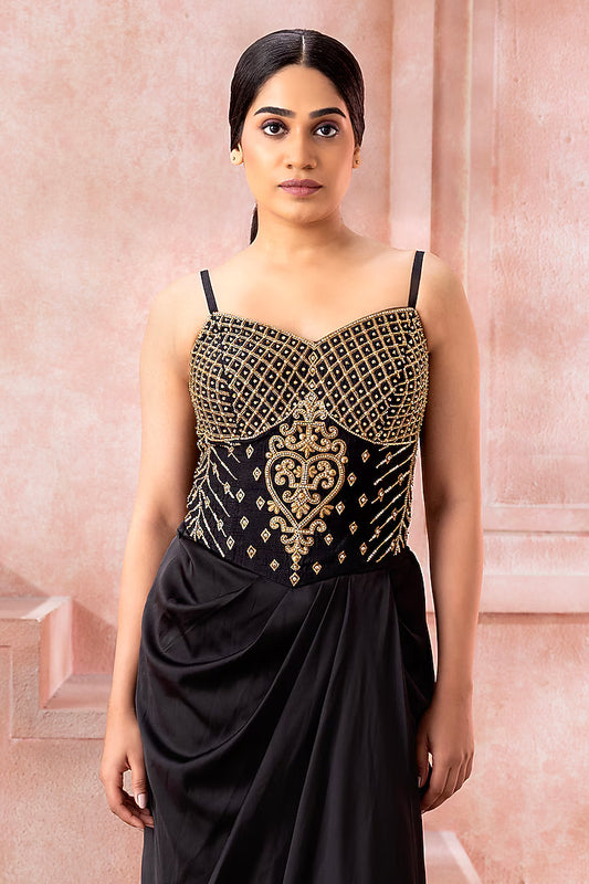 Black Satin Bead Embroidered Gown With Cape