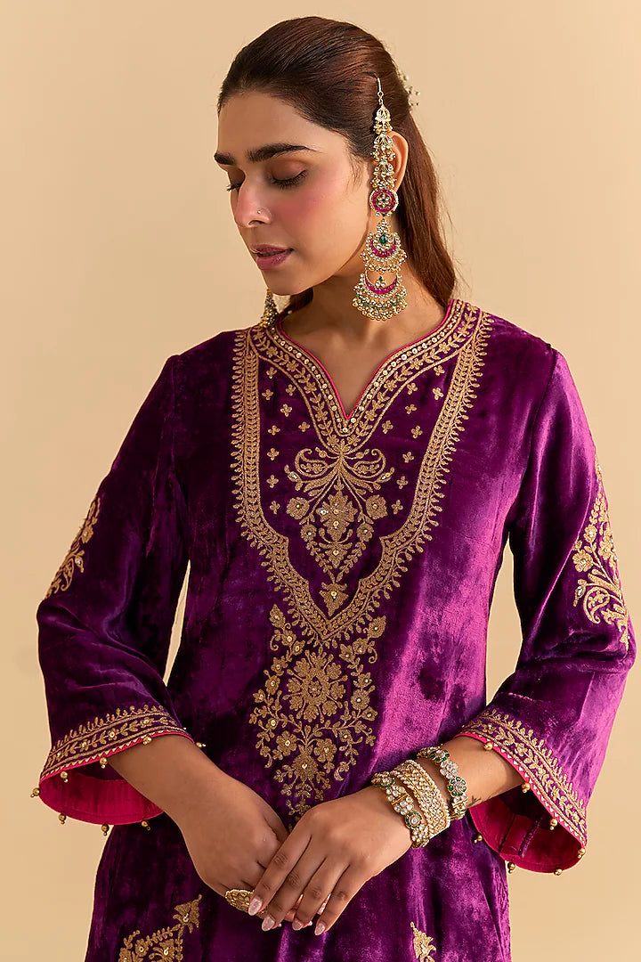 Deep Purple Velvet Silk Sequins Embroidered Kurta Set