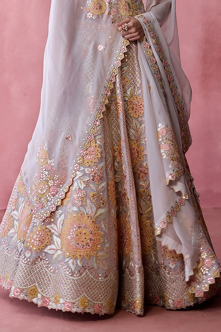 Grey Organza Gota & Resham Embroidered Lehenga Set