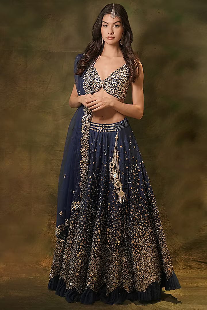 Blue Raw SIlk Mirror Hand Embroidered Lehenga Set