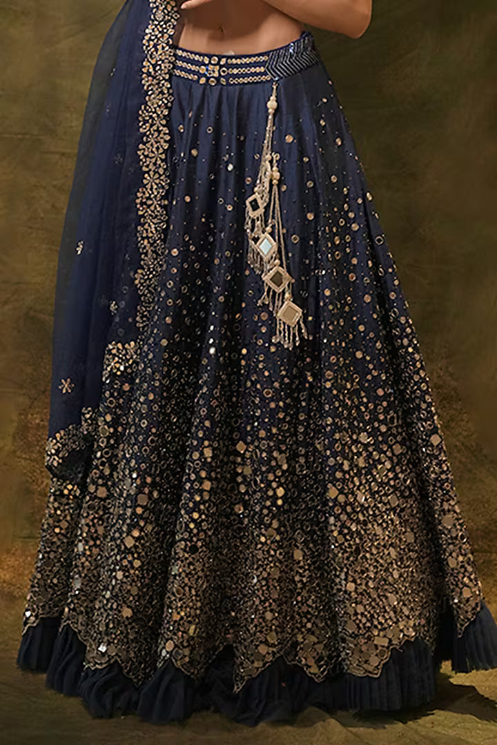 Blue Raw SIlk Mirror Hand Embroidered Lehenga Set