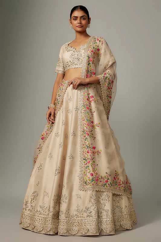 Ivory Raw Silk Zardosi & Thread Embroidered Lehenga Set