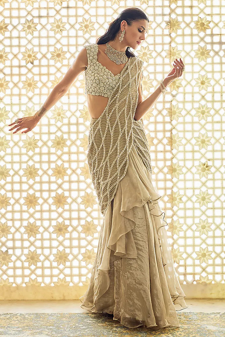 Golden Tissue Wave Embroidered Draped Saree Set
