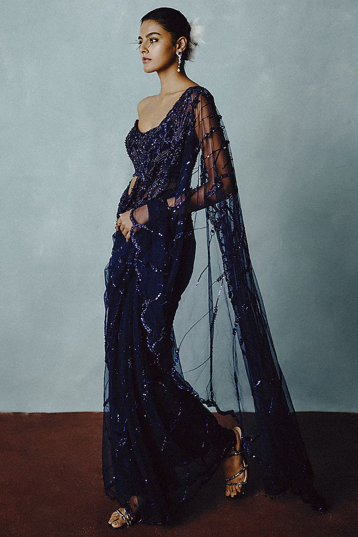 Midnight Blue Net Bead Hand Embellished Saree Set