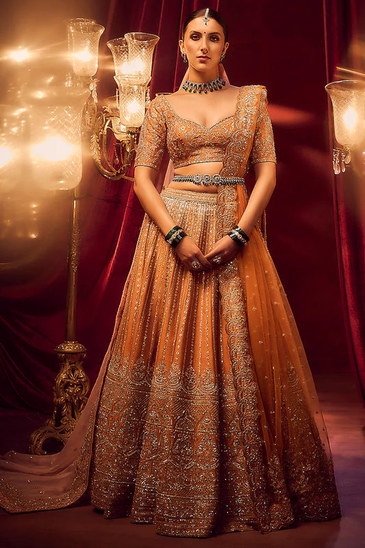 Rust Raw Silk Hand & Machine Embroidered Lehenga Set