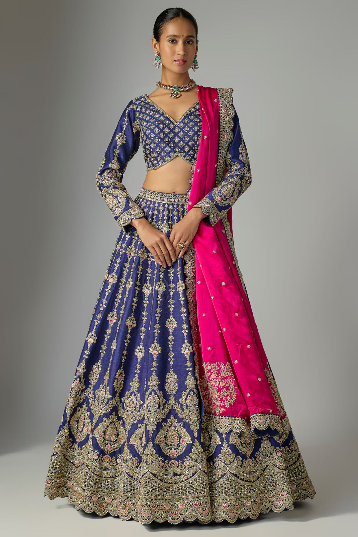 Navy Raw Silk Lehenga Set