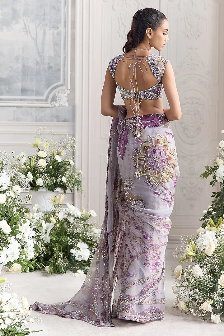 Lilac Silk Organza Embroidered & Printed Pre-Draped Saree Set