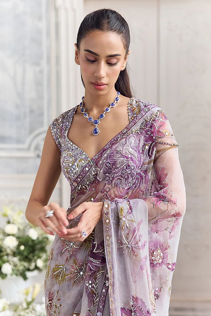 Lilac Silk Organza Embroidered & Printed Pre-Draped Saree Set