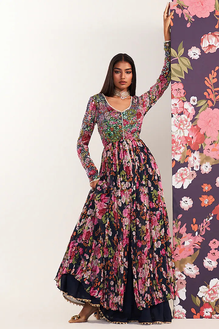 Blue Chiffon Printed Long Kurta Set