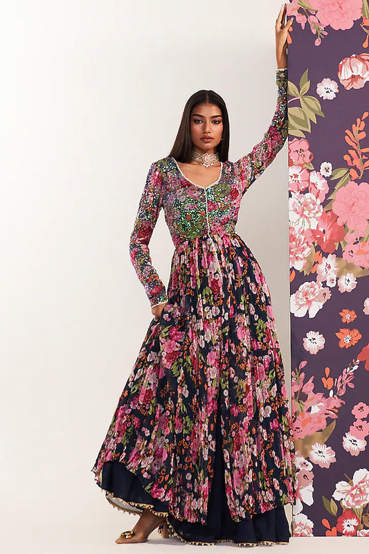 Blue Chiffon Printed Long Kurta Set
