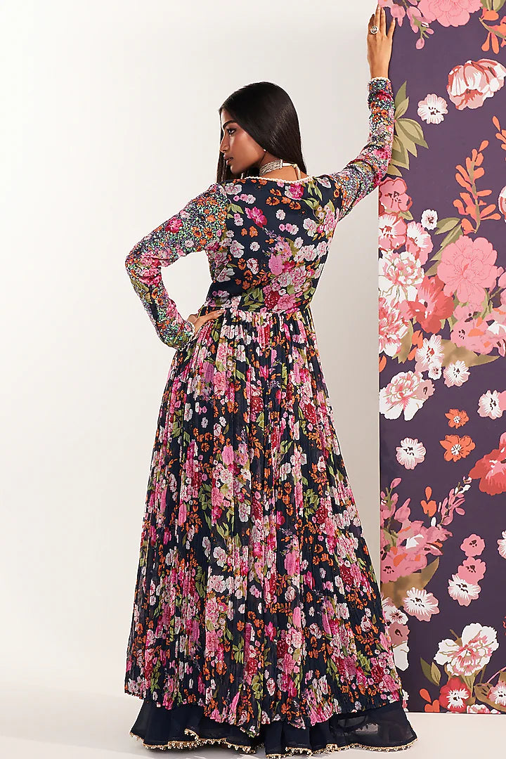 Blue Chiffon Printed Long Kurta Set