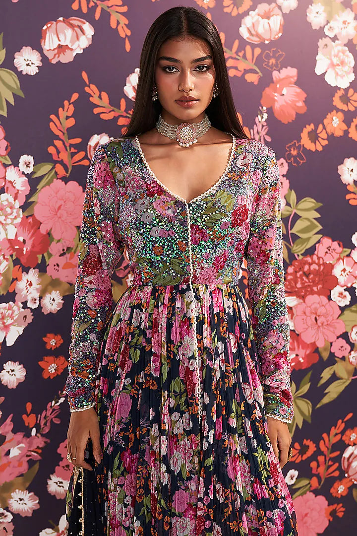 Blue Chiffon Printed Long Kurta Set