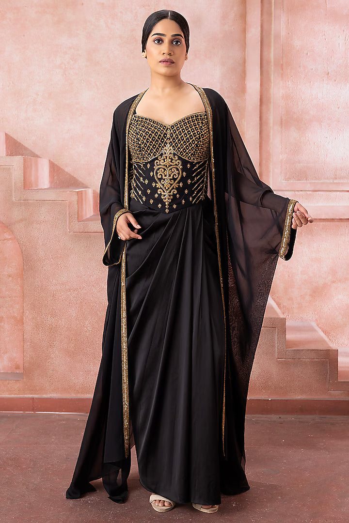 Black Satin Bead Embroidered Gown With Cape