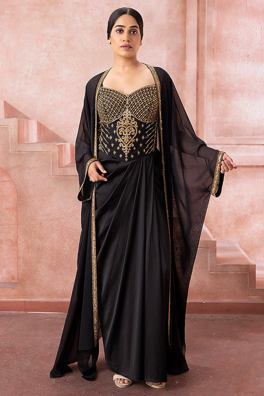 Black Satin Bead Embroidered Gown With Cape