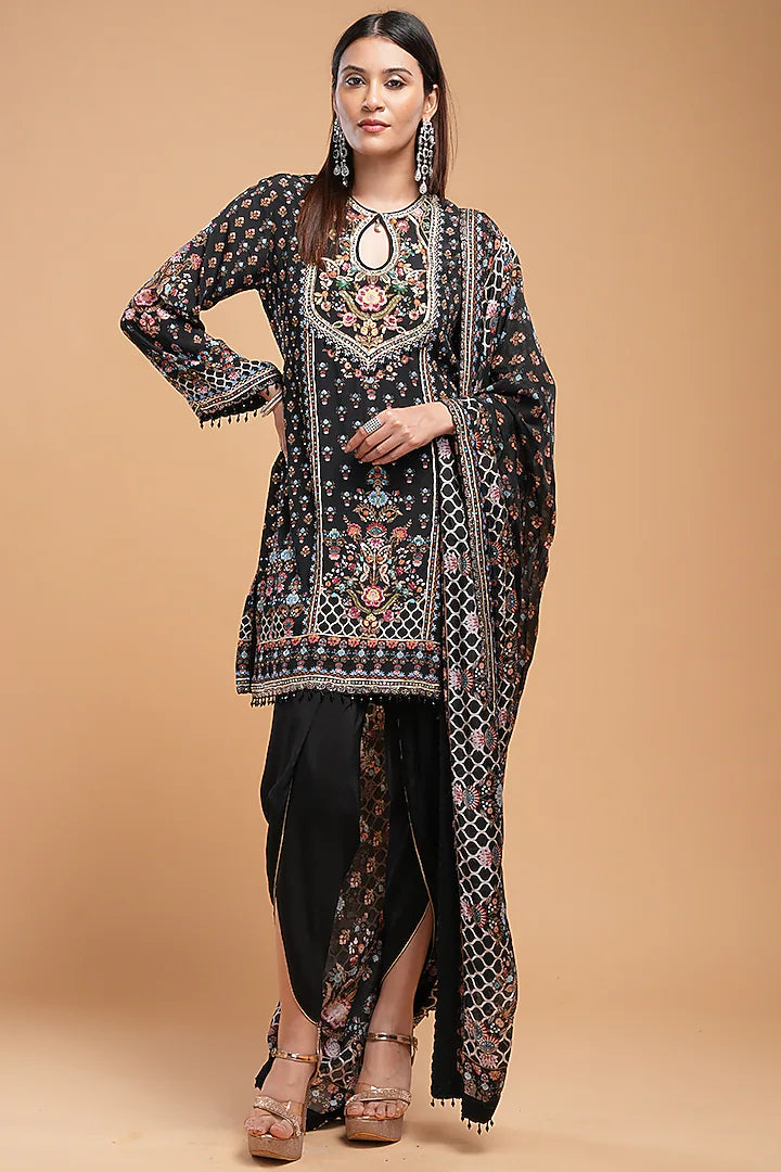 Black Crepe Digital Printed & Rhinestone Embroidered Kurta Set