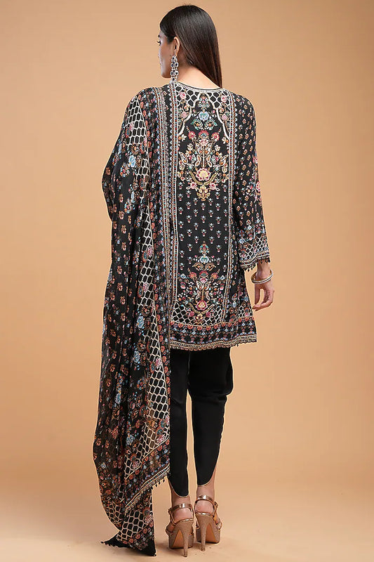 Black Crepe Digital Printed & Rhinestone Embroidered Kurta Set