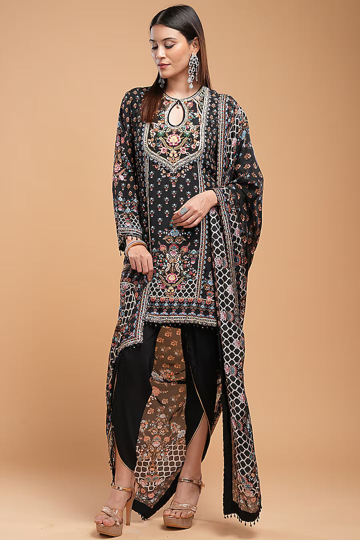 Black Crepe Digital Printed & Rhinestone Embroidered Kurta Set