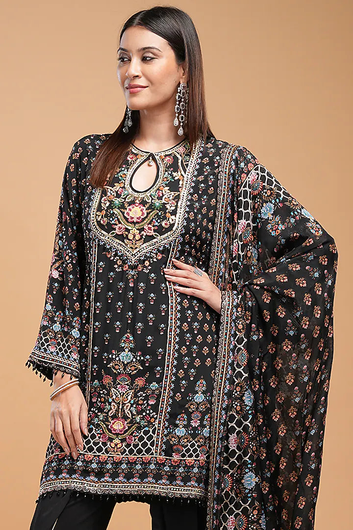 Black Crepe Digital Printed & Rhinestone Embroidered Kurta Set