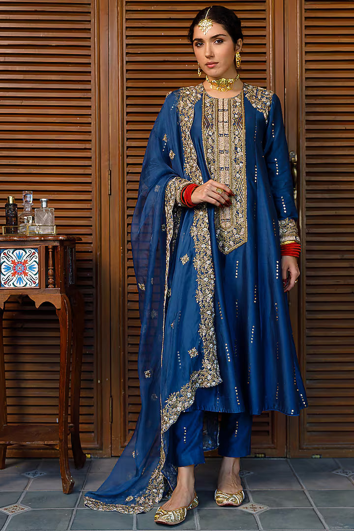 Navy Mukaish Silk Mul Embroidered Kurta Set
