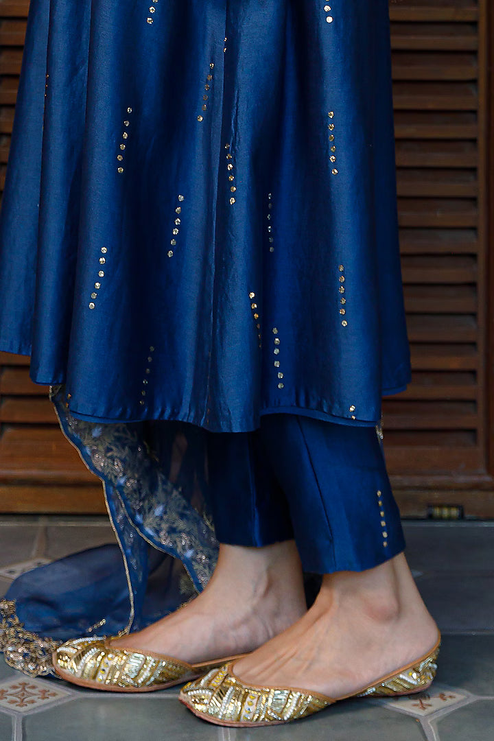 Navy Mukaish Silk Mul Embroidered Kurta Set