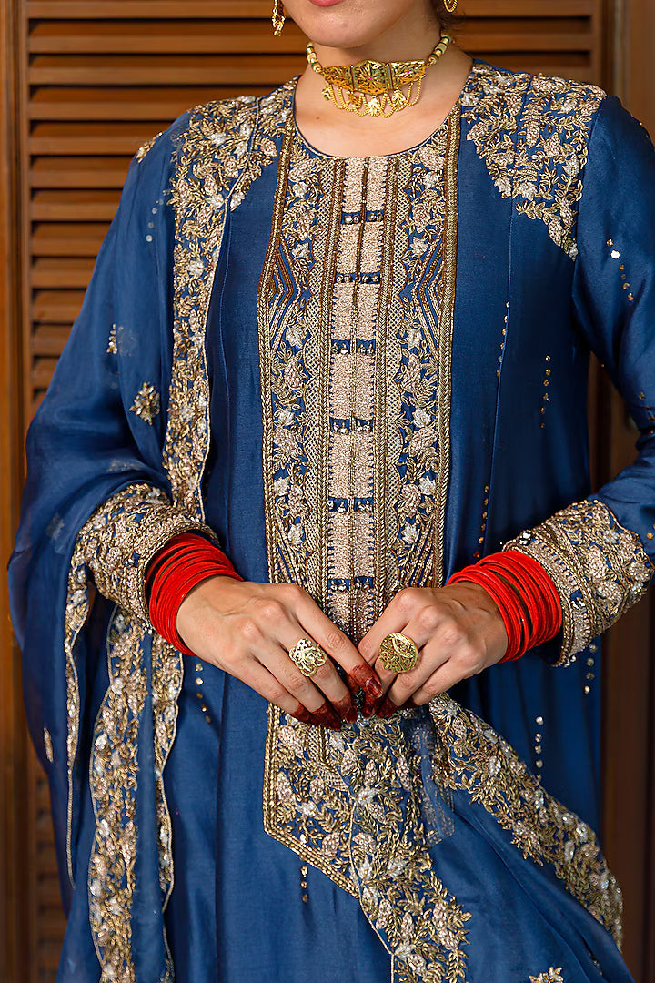 Navy Mukaish Silk Mul Embroidered Kurta Set