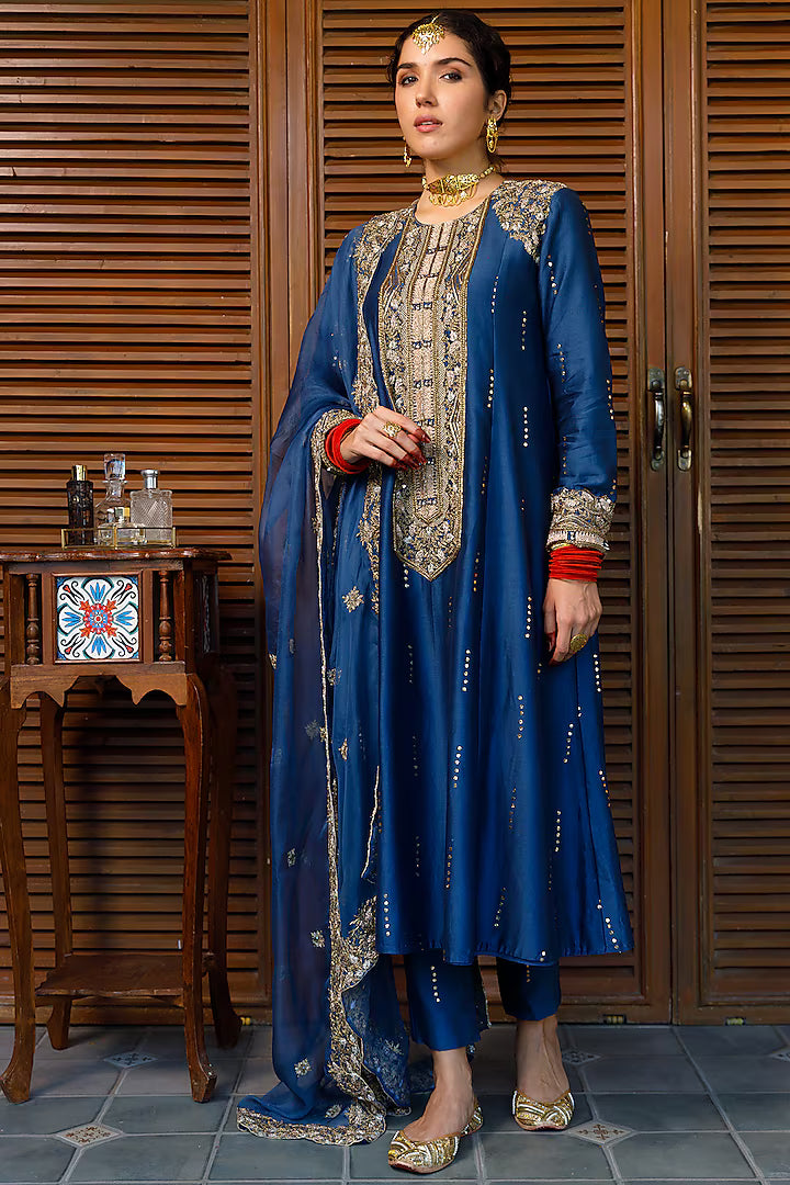 Navy Mukaish Silk Mul Embroidered Kurta Set