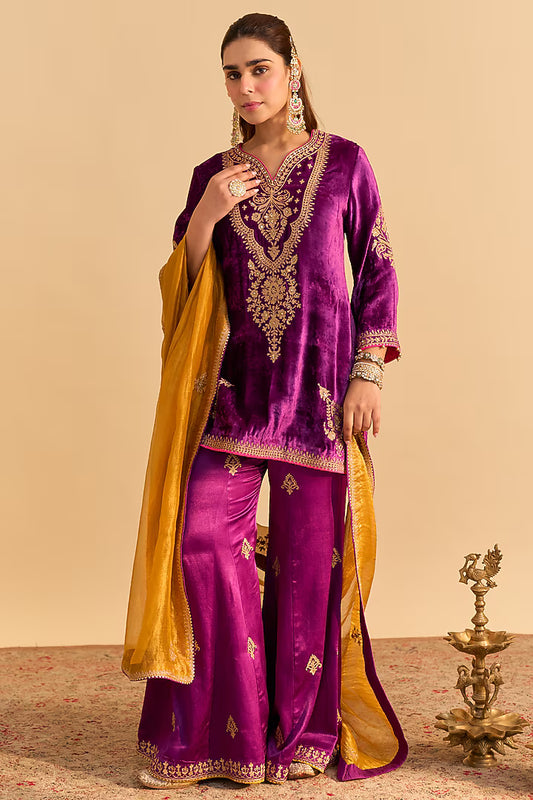 Deep Purple Velvet Silk Sequins Embroidered Kurta Set