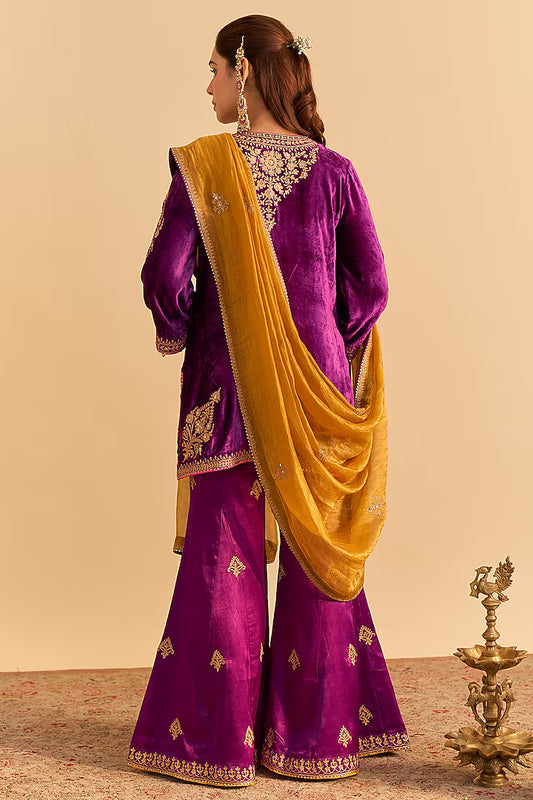 Deep Purple Velvet Silk Sequins Embroidered Kurta Set