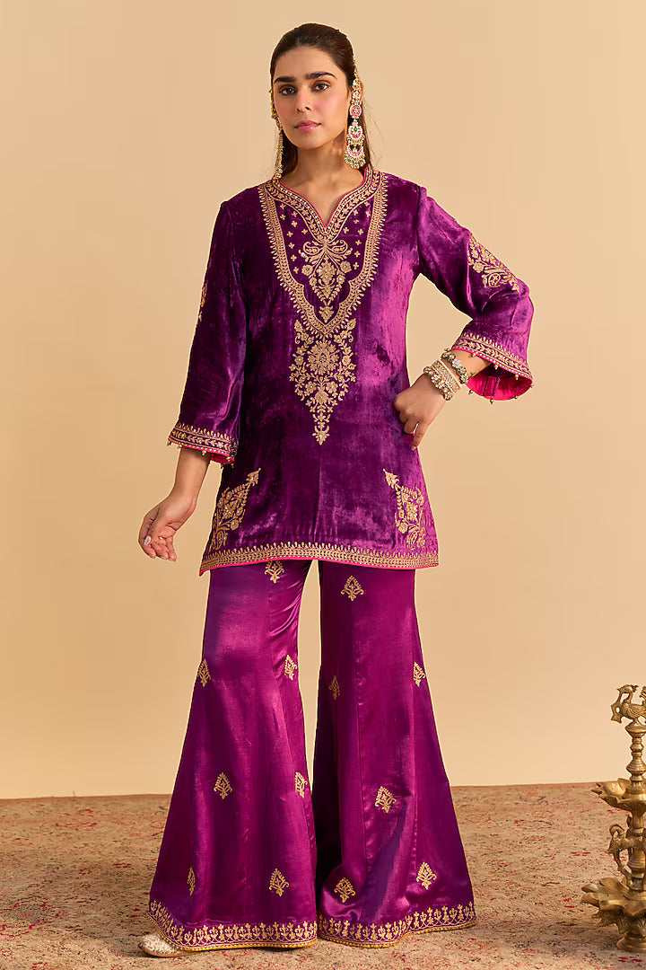 Deep Purple Velvet Silk Sequins Embroidered Kurta Set