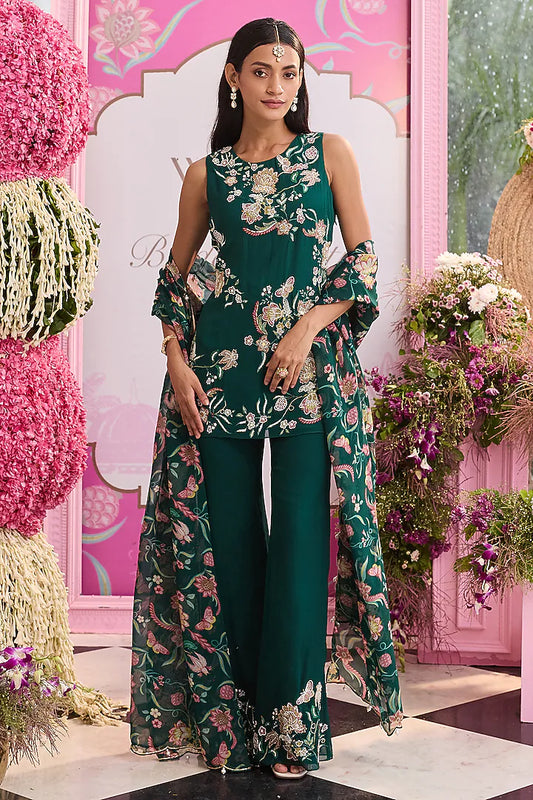 Emerald Green Georgette & Organza Embellished Kurta Set