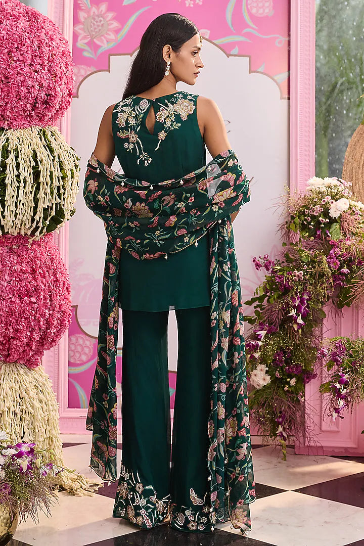Emerald Green Georgette & Organza Embellished Kurta Set
