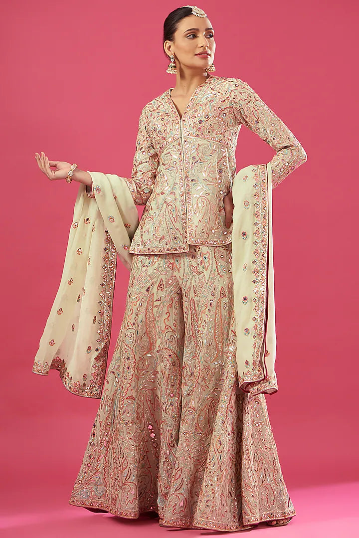 Ivory Chanderi Silk & Georgette Embroidered Sharara Set