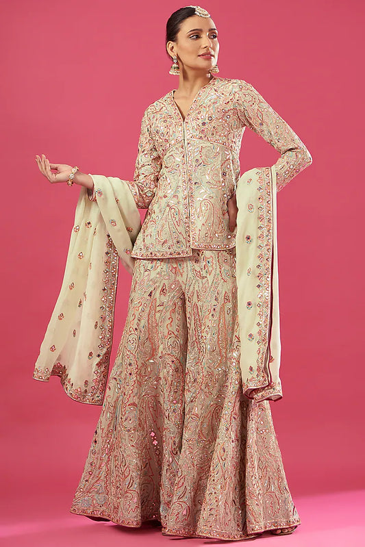 Ivory Chanderi Silk & Georgette Embroidered Sharara Set