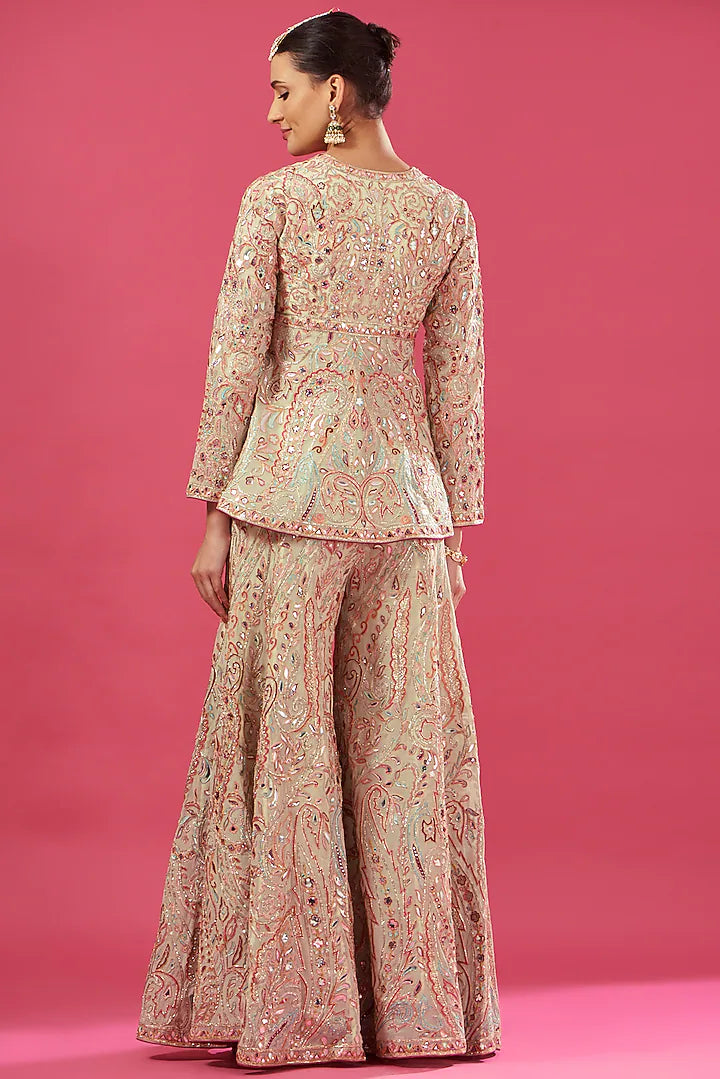 Ivory Chanderi Silk & Georgette Embroidered Sharara Set