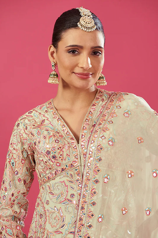 Ivory Chanderi Silk & Georgette Embroidered Sharara Set