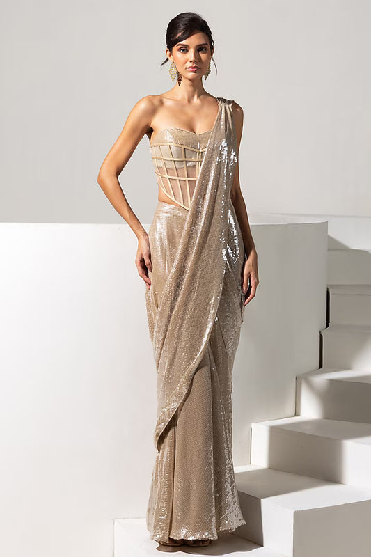 Champagne Imported Sequins Fabric Pre-Draped Saree Set