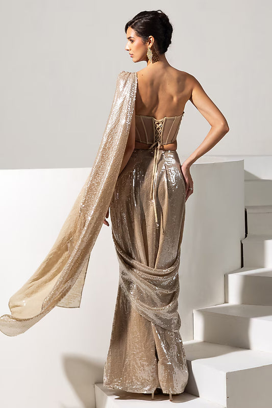 Champagne Imported Sequins Fabric Pre-Draped Saree Set