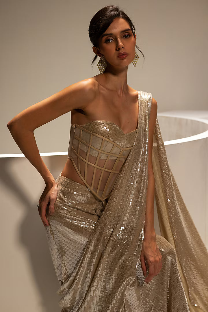 Champagne Imported Sequins Fabric Pre-Draped Saree Set