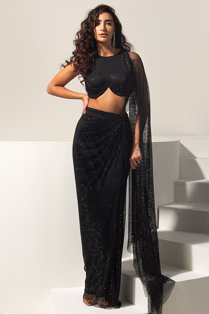 Black Swarovski Mesh Pre-Draped Saree Set