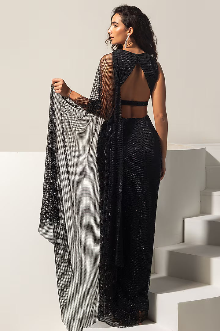 Black Swarovski Mesh Pre-Draped Saree Set