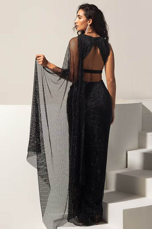 Black Swarovski Mesh Pre-Draped Saree Set