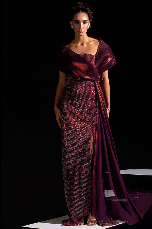 Metallic Red Metallic Mesh Gown