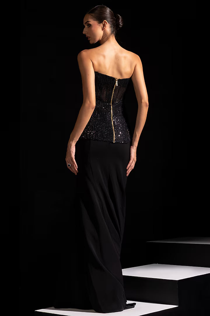 Black Mesh & Imported Semi-Stretch Fabric Fish-Cut Skirt Set