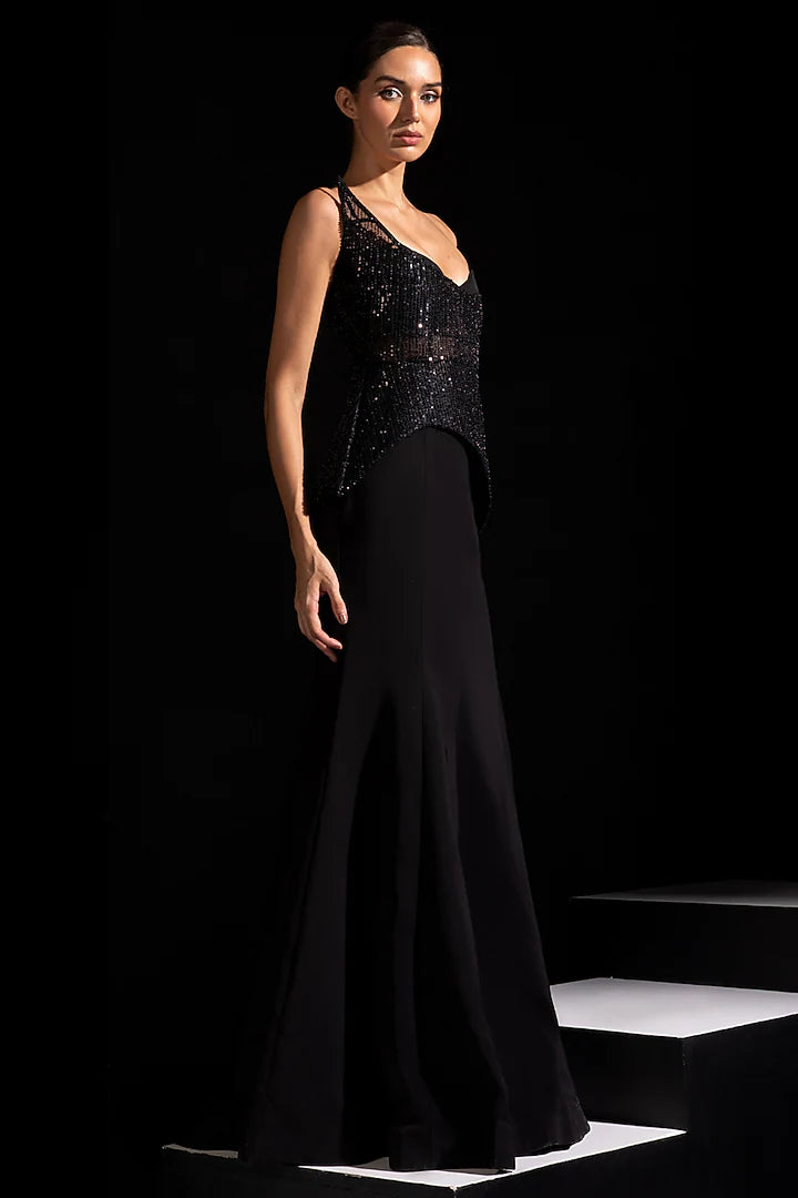 Black Mesh & Imported Semi-Stretch Fabric Fish-Cut Skirt Set