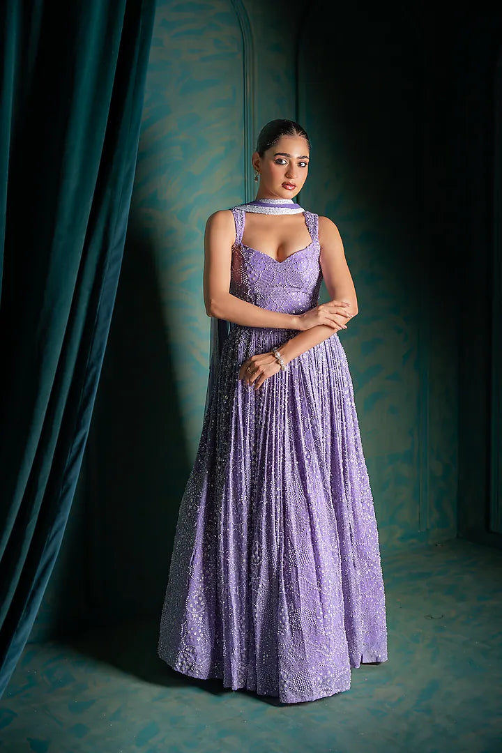 Lavender Viscose Georgette Sequins Embroidered Lehenga Set