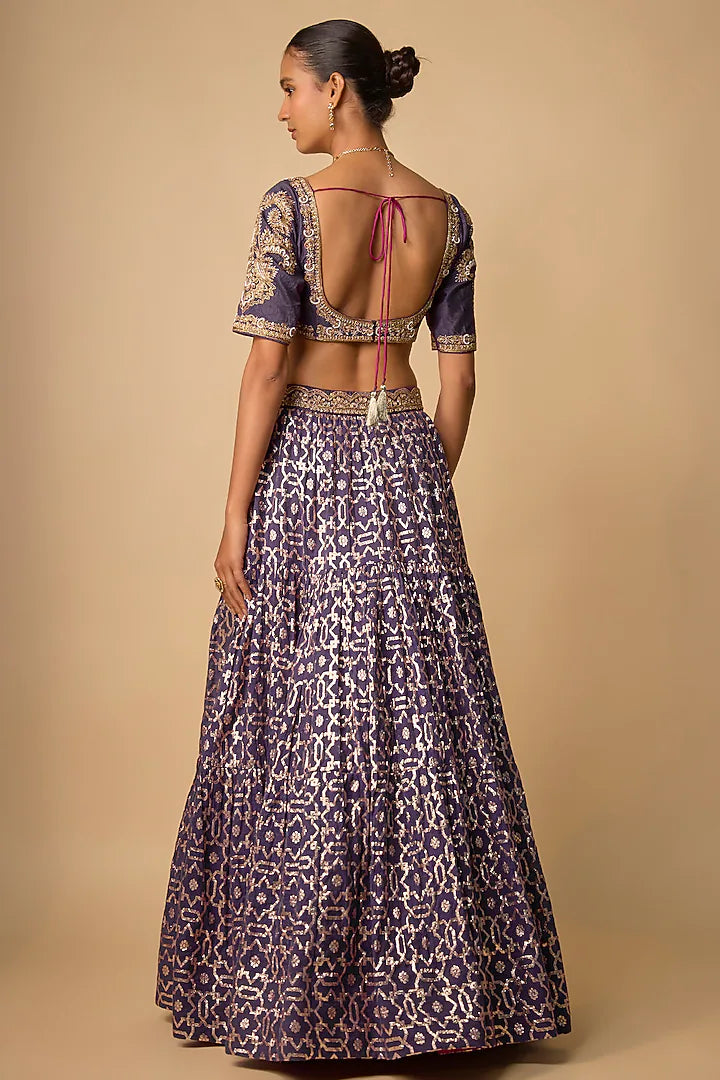 Purple Banarasi Chanderi Hand Embroided Lehenga Set