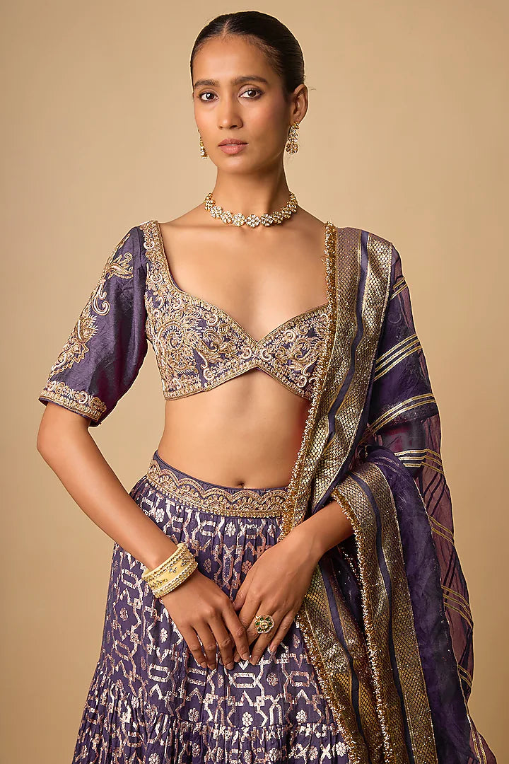 Purple Banarasi Chanderi Hand Embroided Lehenga Set