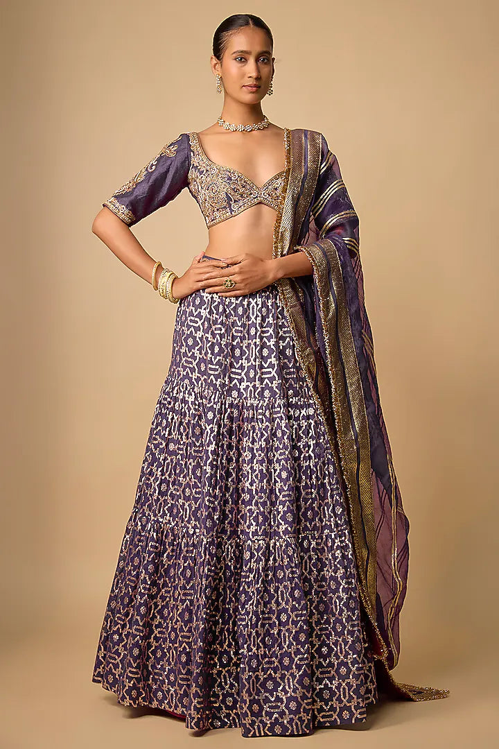 Purple Banarasi Chanderi Hand Embroided Lehenga Set